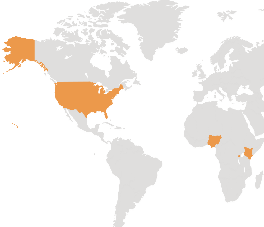 Picture of the countries of the Earth, with the USA, Nigeria and Rwanda highlighted in Orange color