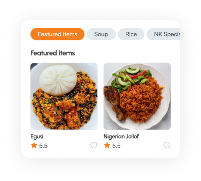 A screenshot of the fufumaps app, showing featured items: Semo and Egusi and Nigerian Jollof