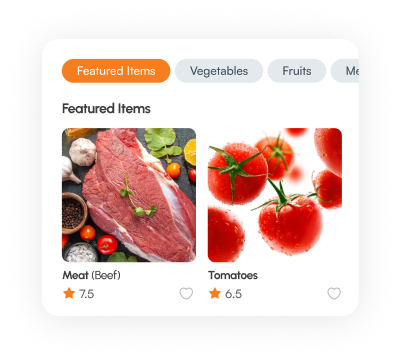 A screenshot of the Fufumaps app, showing featured items: beef and fresh tomatoes